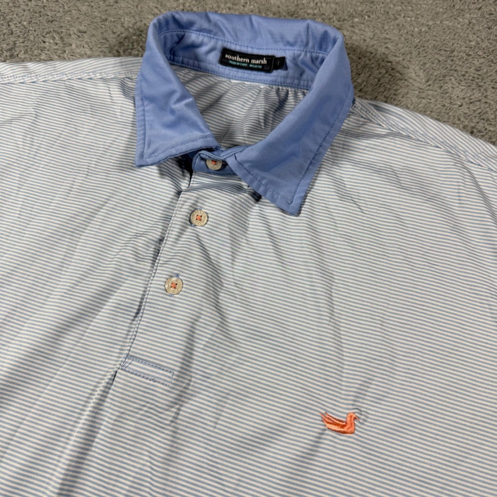 Southern Marsh Performance Polo Shirt Mens Large Blue Striped Chest Logo Golf